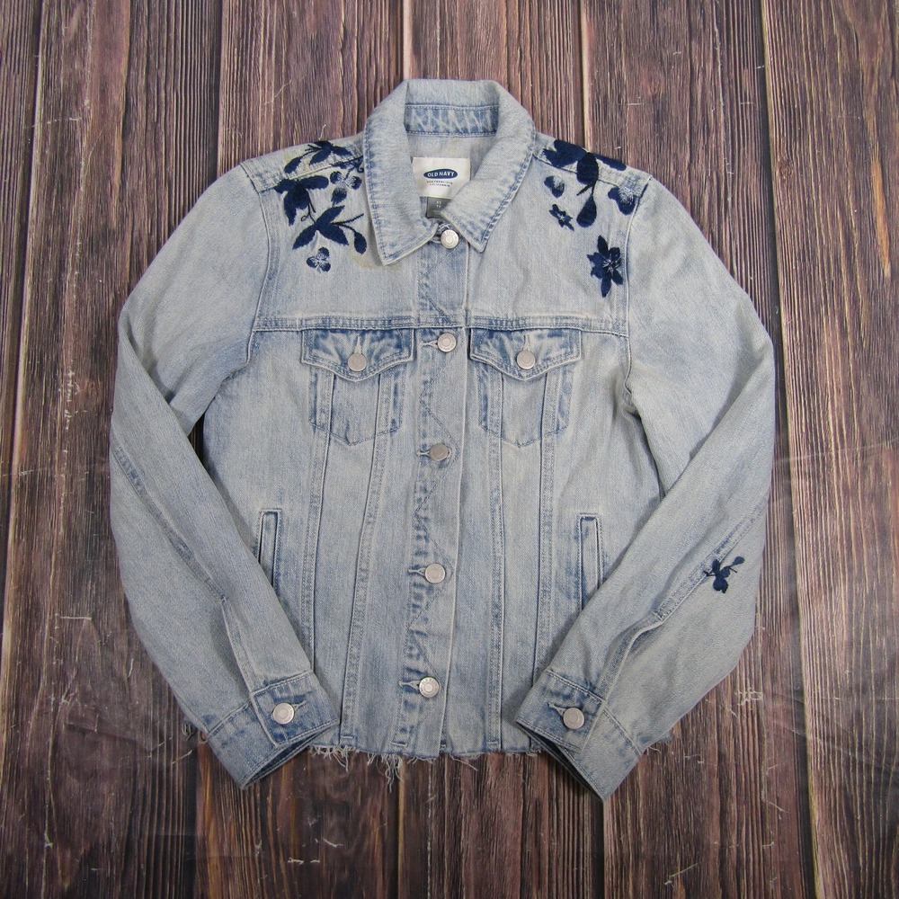 Old Navy Jacket Womens XS Blue Light Wash Denim Embroidered Floral Raw Hem